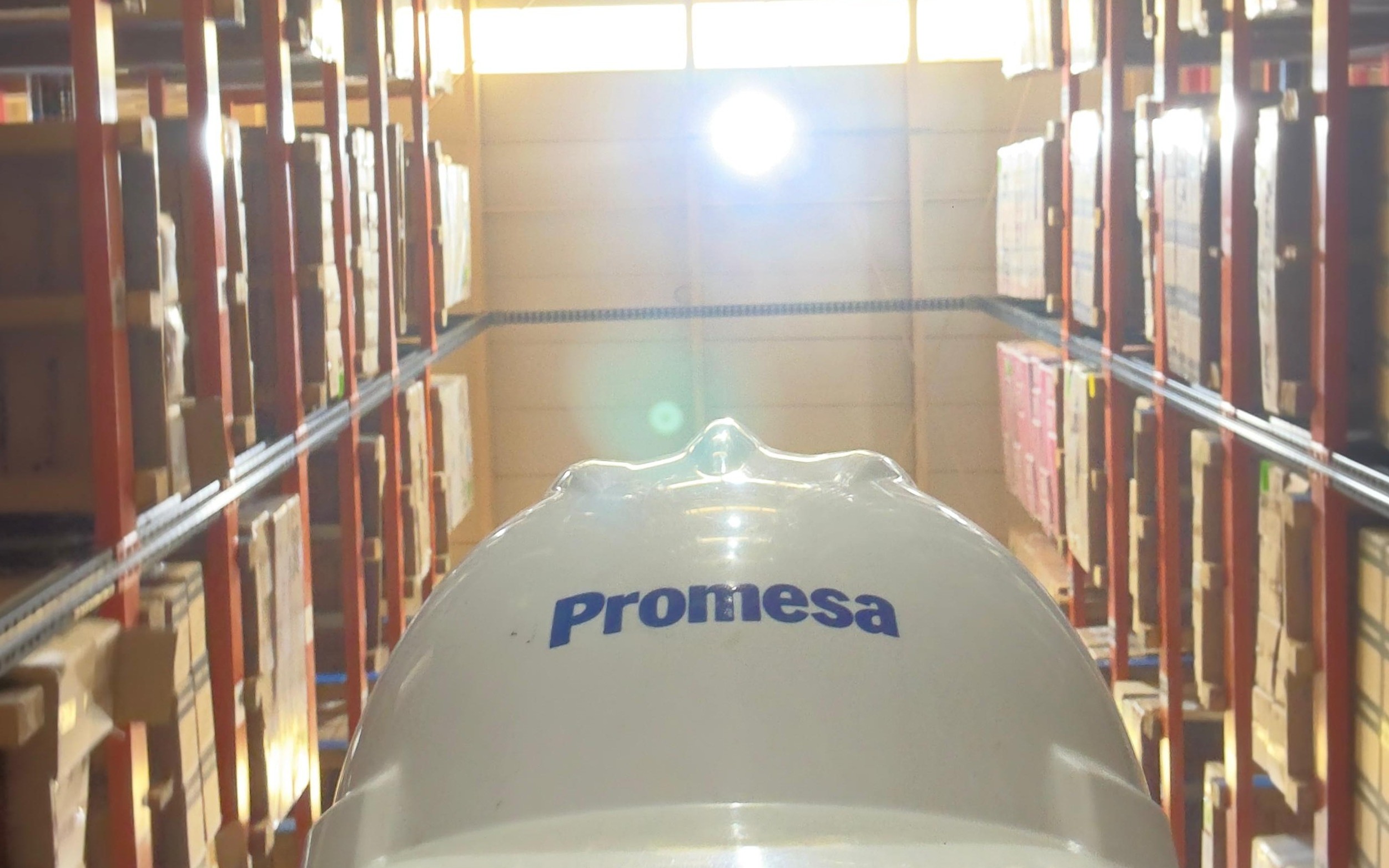 Warehouse aisle at Promesa Productos Metalúrgicos, taken wearing a Promesa hard hat